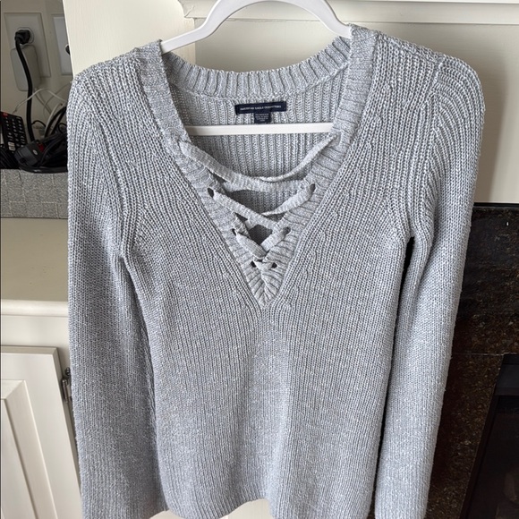 American Eagle Outfitters Sweaters - American Eagle Light Gray V-Neck Sweater with Lace-Up Detail and Textured Knit